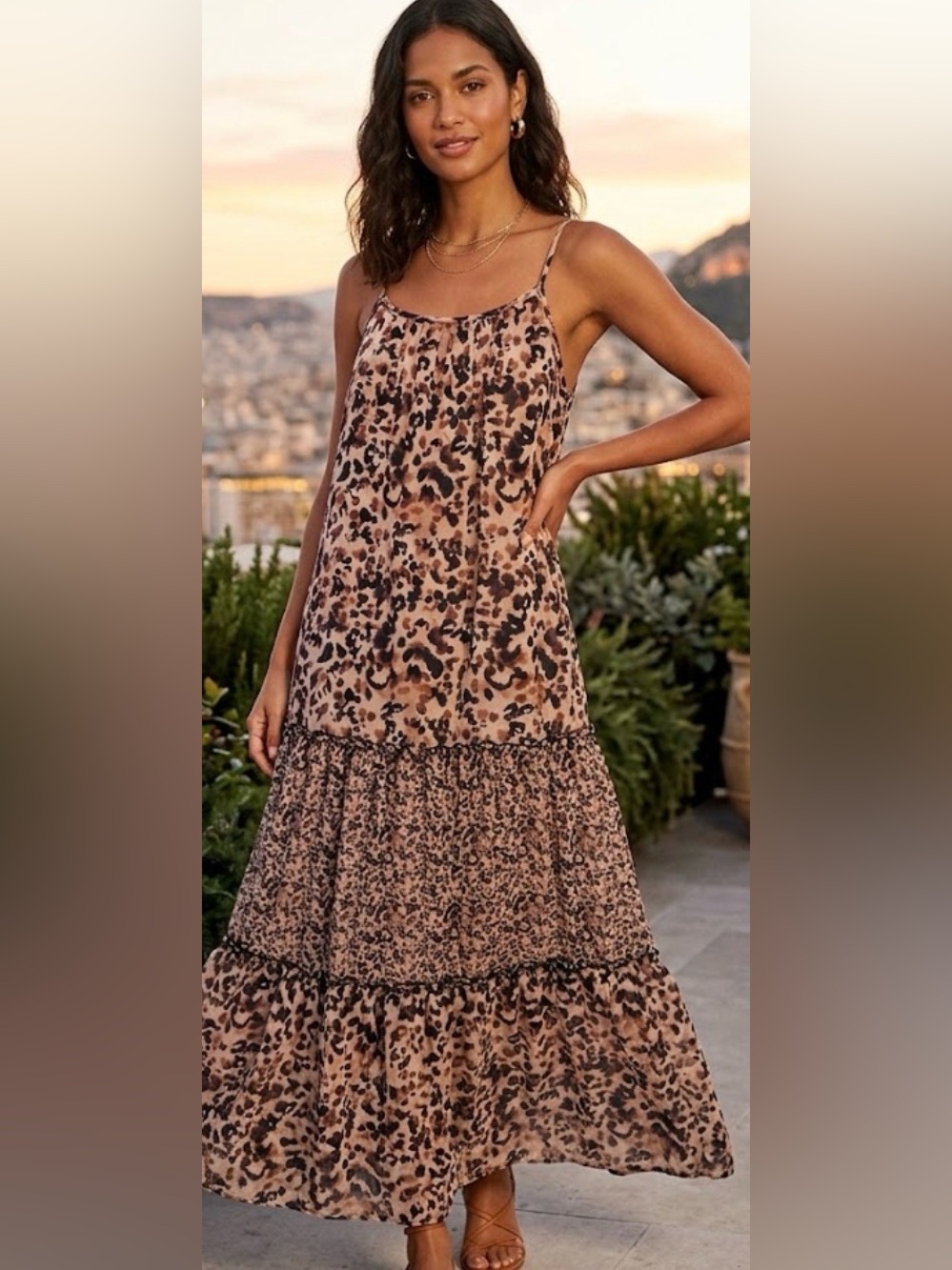 Lipsy Beige/pinky/black Leopard Print Spaghetti Strap Maxi Dress